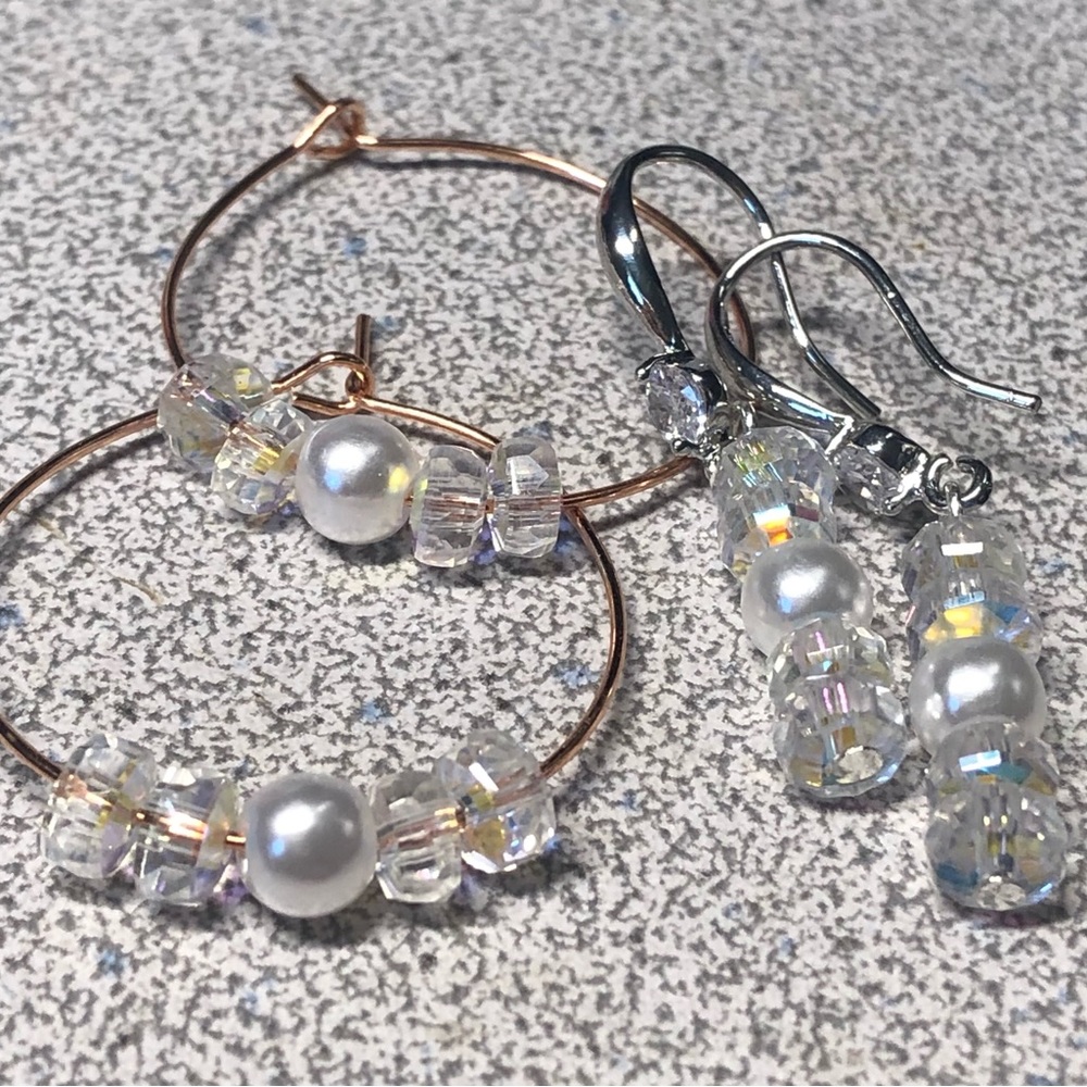 2pairs Bright crystal and pearl earrings -handmade